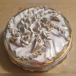 Vintage Hand-Painted Porcelain Floral Trinket Box with Raised Roses